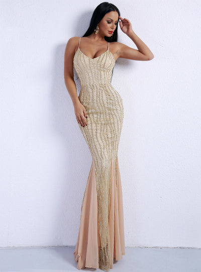 Sexy Sling Deep V Mermaid Ball Shiny Dress