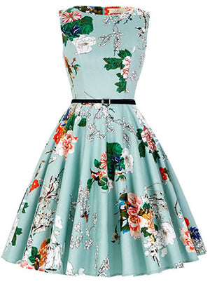 Women Green Dress Print Vintage 1950s Dress