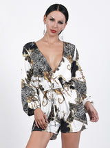 Deep V-neck Long Sleeve Printed One-piece Jumpsuit