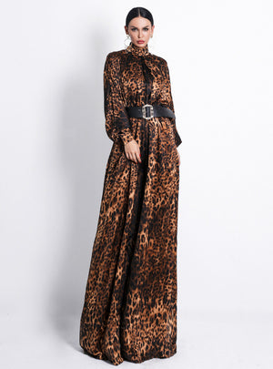 High Collar Long Sleeve Leopard Print Jumpsuit