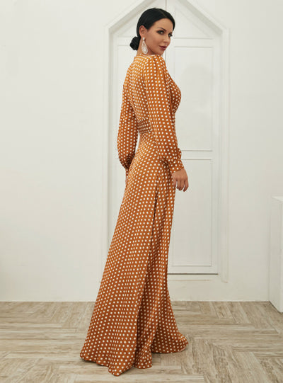 Long Skirt Wave Print V-neck Split Long Sleeve Dress