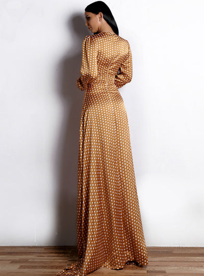 Long Skirt Wave Print V-neck Split Long Sleeve Dress