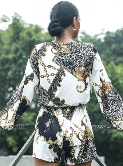 Deep V-neck Long Sleeve Printed One-piece Jumpsuit