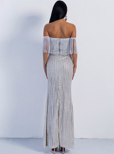 Sexy Elegant V-neck Tassel Sequined Split Skirt