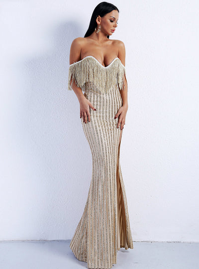 Sexy Elegant V-neck Tassel Sequined Split Skirt