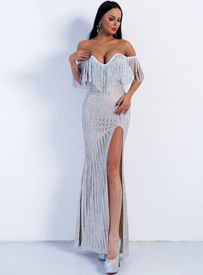 Sexy Elegant V-neck Tassel Sequined Split Skirt