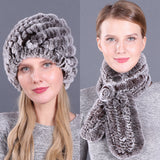 Warm Pineapple Rex Rabbit Fur Hat Scarf Set