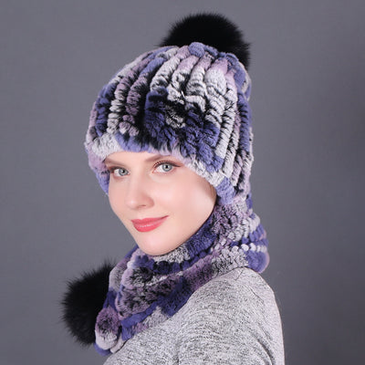 Rex Rabbit Fur Hat Scarf Winter Two-piece Set