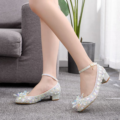 Square Round Head Crystal Flower Wedding Shoes
