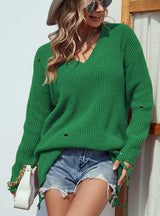 Solid Color V-neck Pierced Tassel Sweater