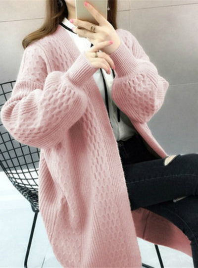 V neck Lantern Sleeve Open Stitch Loose Sweater Jacket