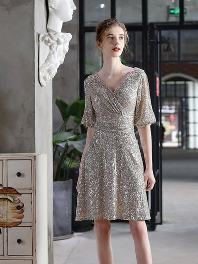 V-neck Short Sleeve Sequins Party Dress