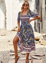 Beach Square Neck Bohemian Print Dress
