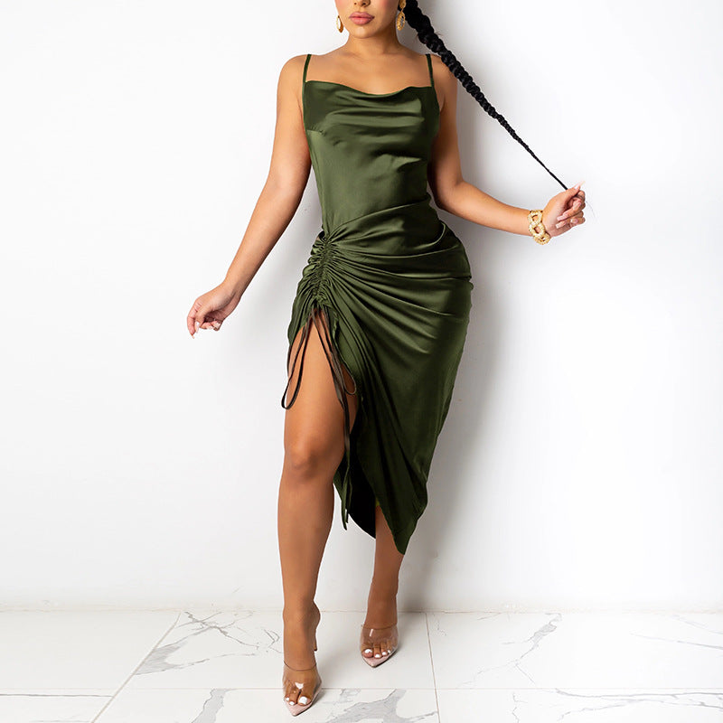 Ruched Satin Spaghetti Straps Cowl Neck Backless Long Dresses – Lilacoo