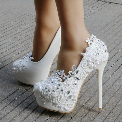White Beaded Lace Flowers Wedding Shoes