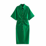 Women Chic Fashion Button-up Draped Midi Shirt Dress