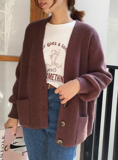 Women Cardigans Sweater V neck Solid Loose Knitwear