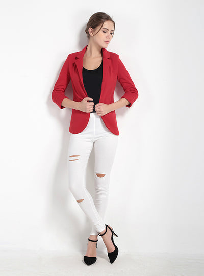 Notched Office Work Open Front Blazer Outfits 