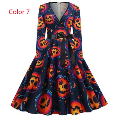 Long Sleeve V-neck Slim Print Dress
