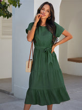 Women Simple Solid Color Dress With Belt