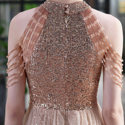 Tulle Seuqins Halter Beading Prom Dress