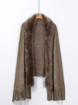 Loose Fox Like Fur Collar Tassel Knitted Cardigan Shawl