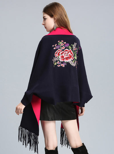 Embroidered Tassel Knitted Shawl Cloak Bat Sleeve