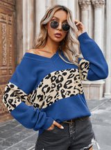 Women V-neck Leopard Sweater