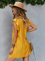 Round Neck Lotus Leaf Sleeve Solid Color Casual Dress