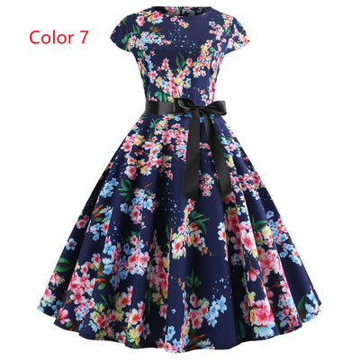 Retro Printed Short Sleeve Lace-up Dress