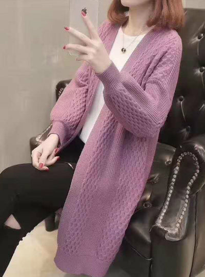 V neck Lantern Sleeve Open Stitch Loose Sweater Jacket