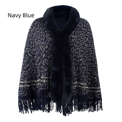 Leopard Print Fur Collar Tassel Warm Scarf Shawl