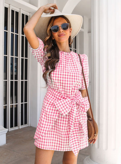 Plaid Knotted Lantern Sleeve Dress