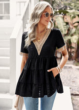 V-neck Hollow Jacquard Short-sleeved Shirt