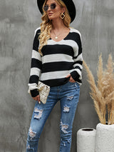 Loose Stitching V-neck Striped Sweater