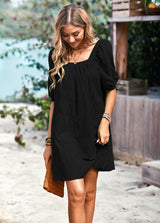 Solid Color Openwork Jacquard Square Collar Dress