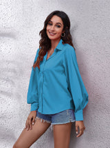 Lantern Solid Color Lapel Long Sleeve Shirt