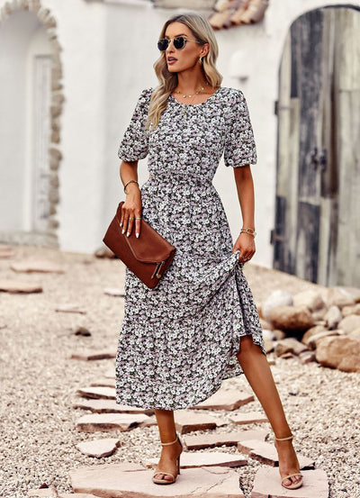 Silm Waist Round Neck Printed Dress
