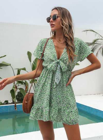 Floral Flounces Deep V-neck Short Sleeves Chiffon