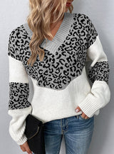 V-neck Pullover Color-bump Leopard Sweater