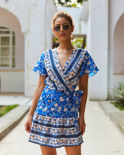 V-neck Sexy Bohemian Print Dress