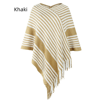 Knitwear Striped Tassel Cloak Shawl Coat