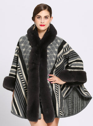 Knitted Shawl Cloak Imitation Rex Rabbit Fur Collar Cap