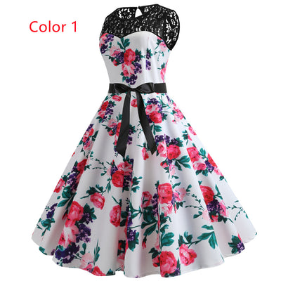 Retro Sleeveless Lace Stitching Print Dress