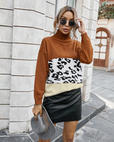 Turtle Neck Female Color Leopard Pattern Sweater