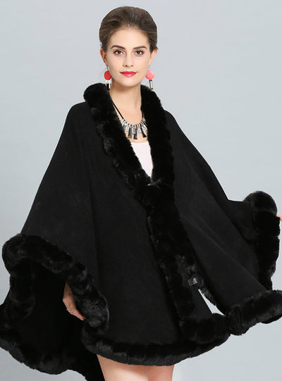 Fox Like Fur Collar Knitted Cape Coat With Large Shawl