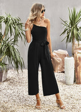 One Shoulder Solid Color Strap Jumpsuit