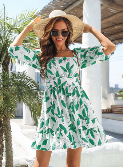 Holiday Ruffled Square Collar Dress