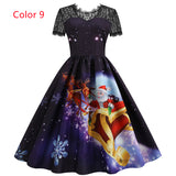 Christmas Short Sleeve Printed Lace Stitching Dress
