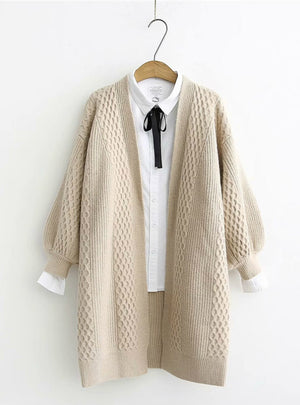 V neck Lantern Sleeve Open Stitch Loose Sweater Jacket